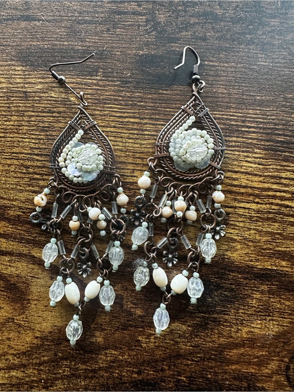 Boho Teardrop Dangle Earrings with White/Cream Beads